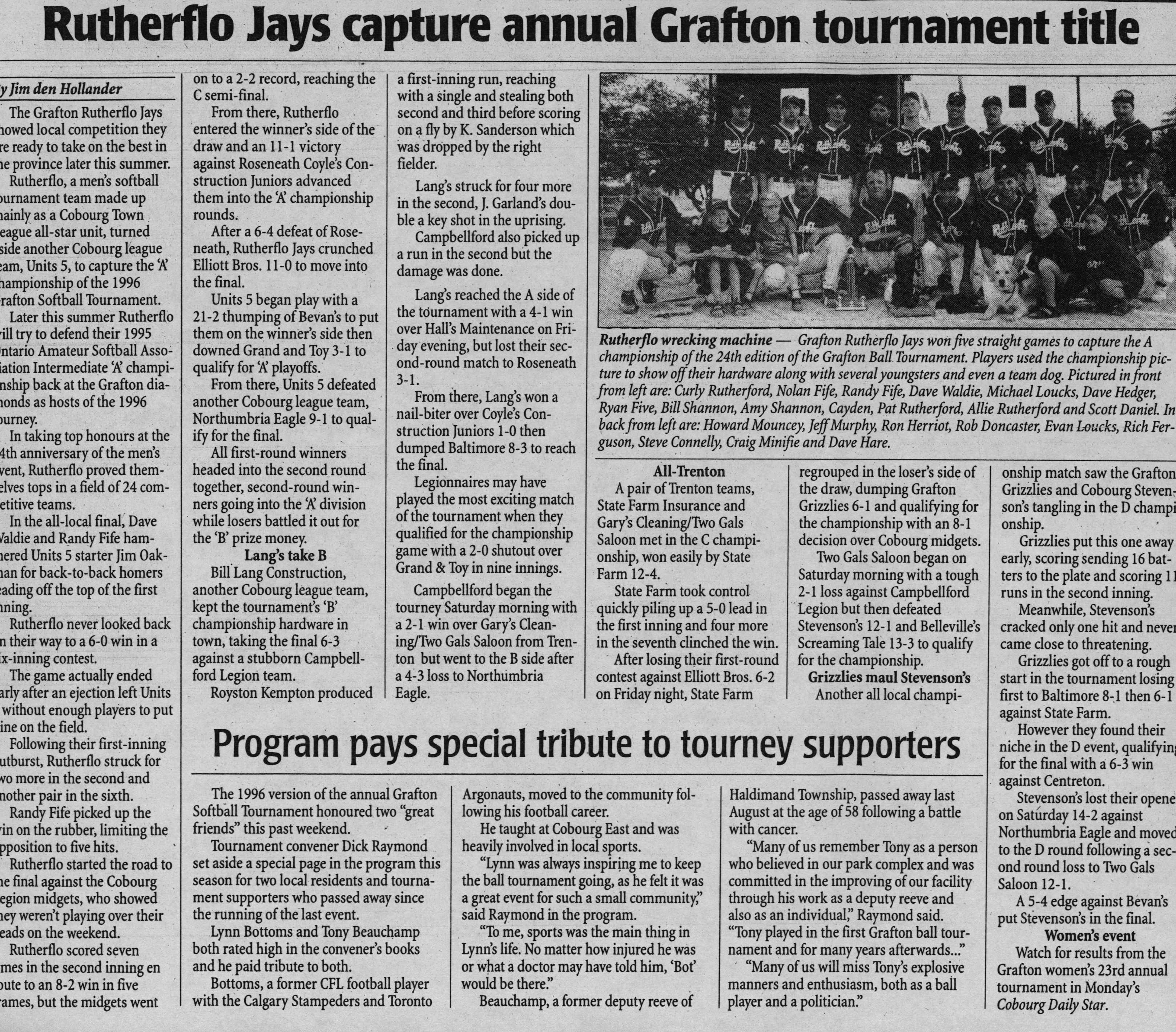Softball -Grafton Tournament -1996 -Mens-Summary and A Champs-Grafton Rutherflo