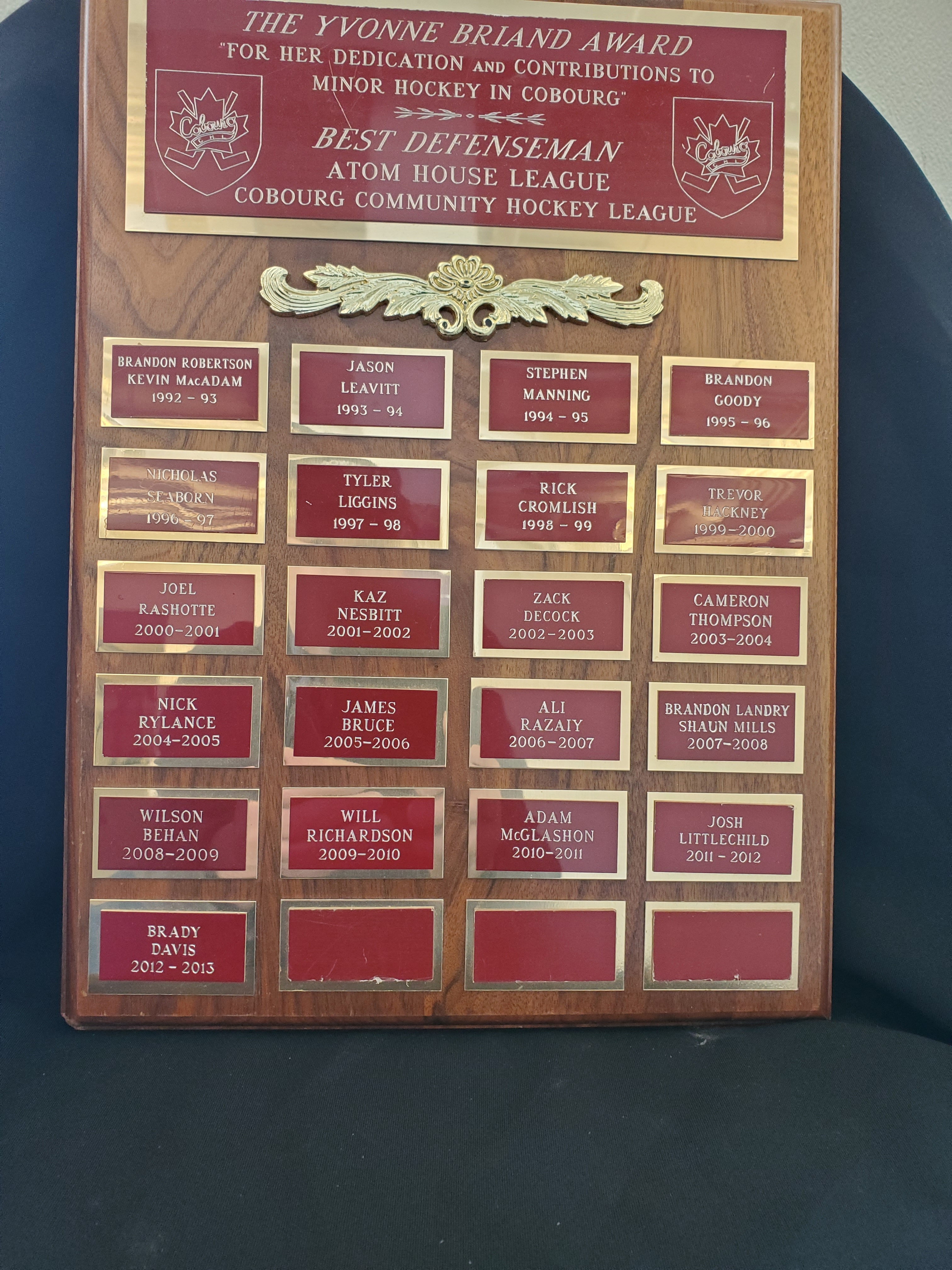 T&P-13a Yvonne Briand Award – Best Defenceman Atom House League