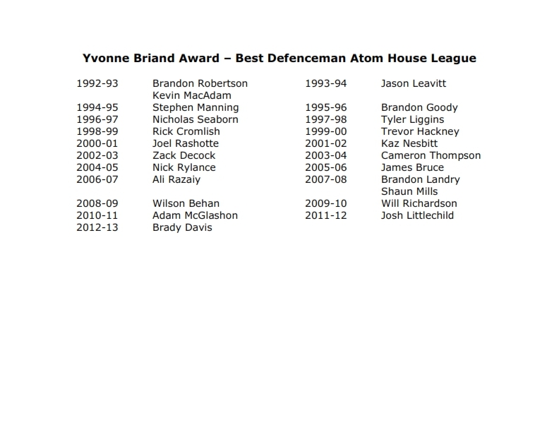 T&P-13a Yvonne Briand Award – Best Defenceman Atom House League