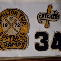 1972 Neil Cane crests in frame 'Hamilton Twp Softball Champs 1972' 'Catcher' '34'