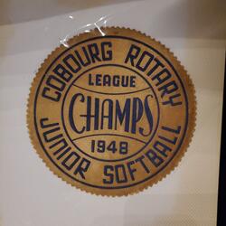 1948 Neil Cane crest Cobourg Rotary Softball Champ