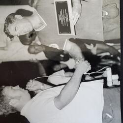 1978 Neil Cane photo Dick Raymond, Convenor Grafton Ball Tournament, presenting appreciation plaque to Neil