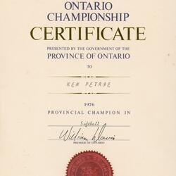 1976 Ken Petrie certificate Softball Provincial Champion