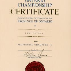 1984 Ken Petrie certificate Provincial Baseball Champion