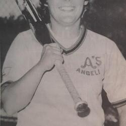 Marg Matthews swinging the bat vs Stouffville