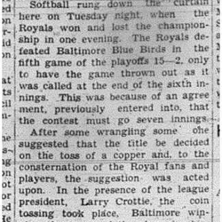 1940-09-05 Softball -Royals vs Baltimore goes to coin toss for Championship