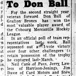 1963-03-06 Hockey -Cobourg Mercantile MVP Don Ball