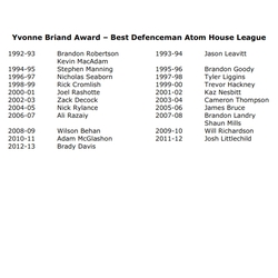 T&P-13a Yvonne Briand Award – Best Defenceman Atom House League