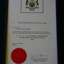 1989 Cold Springs Cats certificate from Ontario