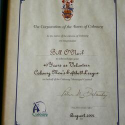 2002 Bill O'Neil 40 year award Town of Cobourg