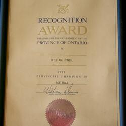 1971 Bill O'Neil award softball champs Ontario