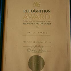 Bill O'Neil softball recognition Ontario Gov't