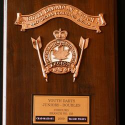 2009 Cobourg Legion youth Darts wall plaque