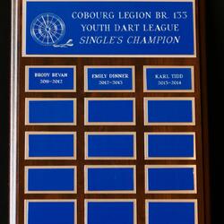 2011-2014 Cobourg Legion youth Darts wall plaque