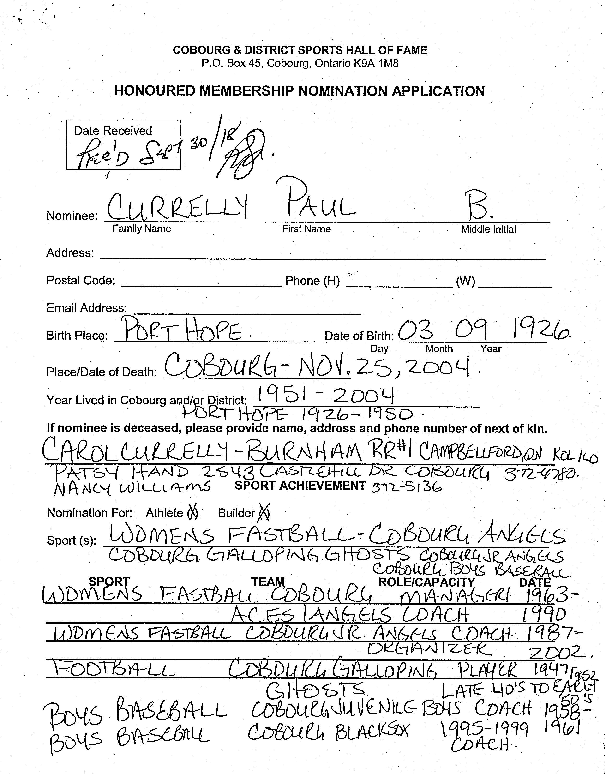 Nomination Application for Paul Currelly